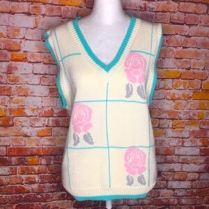 Vintage Y2K Cream Green and Pastel Pink Preppy Avant Guard Floral Sweater Vest